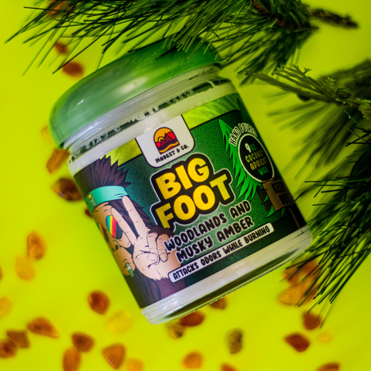 Our Big Foot, Odor Fighting Candle Uses Odor Eliminating Ingredients and coconut apricot wax. It's our beautifully musky scent with woodland and musky amber. This is one of our most popular luxury candles!