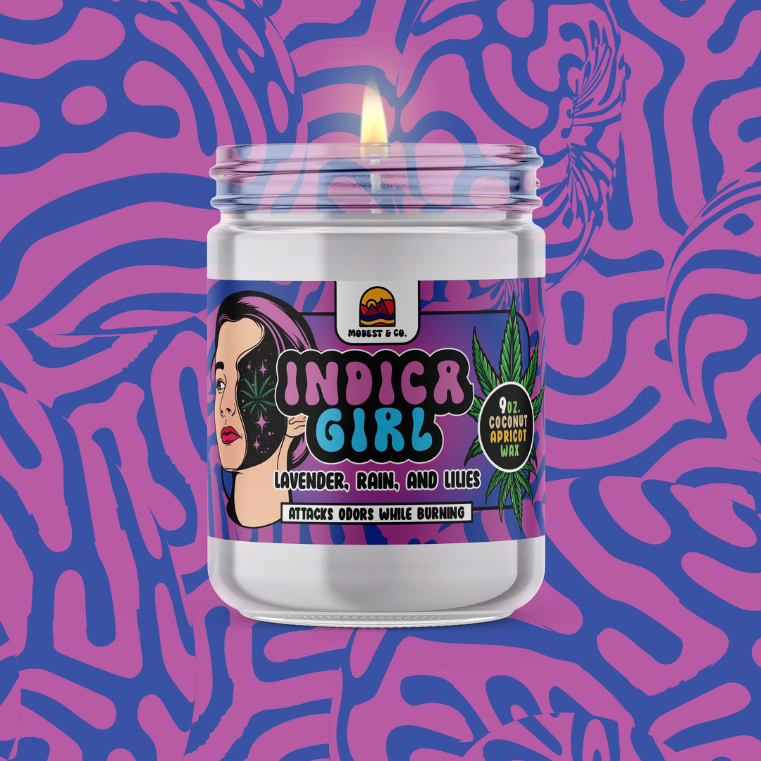 Indica Girl from Modest&Co is an Odor Neutralizing Candle that kills unwanted odors - smoke, pet & more, while it burns! Using coconut apricot wax & luxurious fragrances, this lavendar, rain & lilies based candle is super unique & makes a great gift!