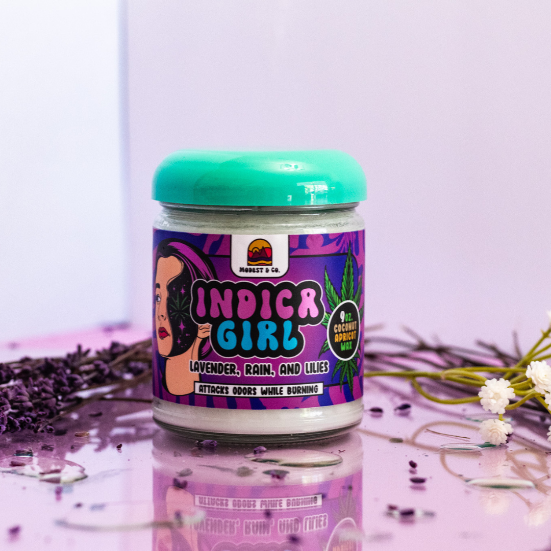 Indica Girl is a cannagirl's candle dream! This candle is an Odor Killing Candle that neutralizes smoke & pet odor while it burns. Check out this super unique scented candle with coconut apricot wax!