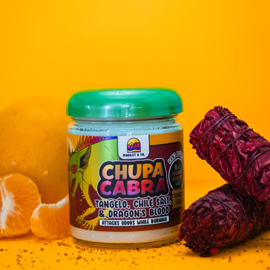 Chupacabra Odor Fighting Candle fights smoke odor, cooking and pet odor as it burns! Using tangelo, chile salt, & dragon's blood this unique, novelty candle uses coconut apricot wax and comes hand poured. Check out our Cryptid Line here!