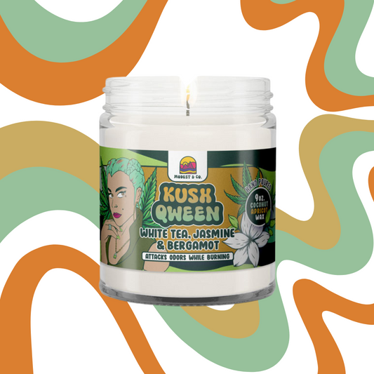 With white tea, jasmine, hints of bergamot, & enveloping amber tones, Kush Qween from us at Modest&Co. transcends mere candle. Crafted from coconut apricot wax with naturally occuring enzymes, it’s an immersive, odor-fighting marvel… leaving potent and soothing fragrances in its wake.