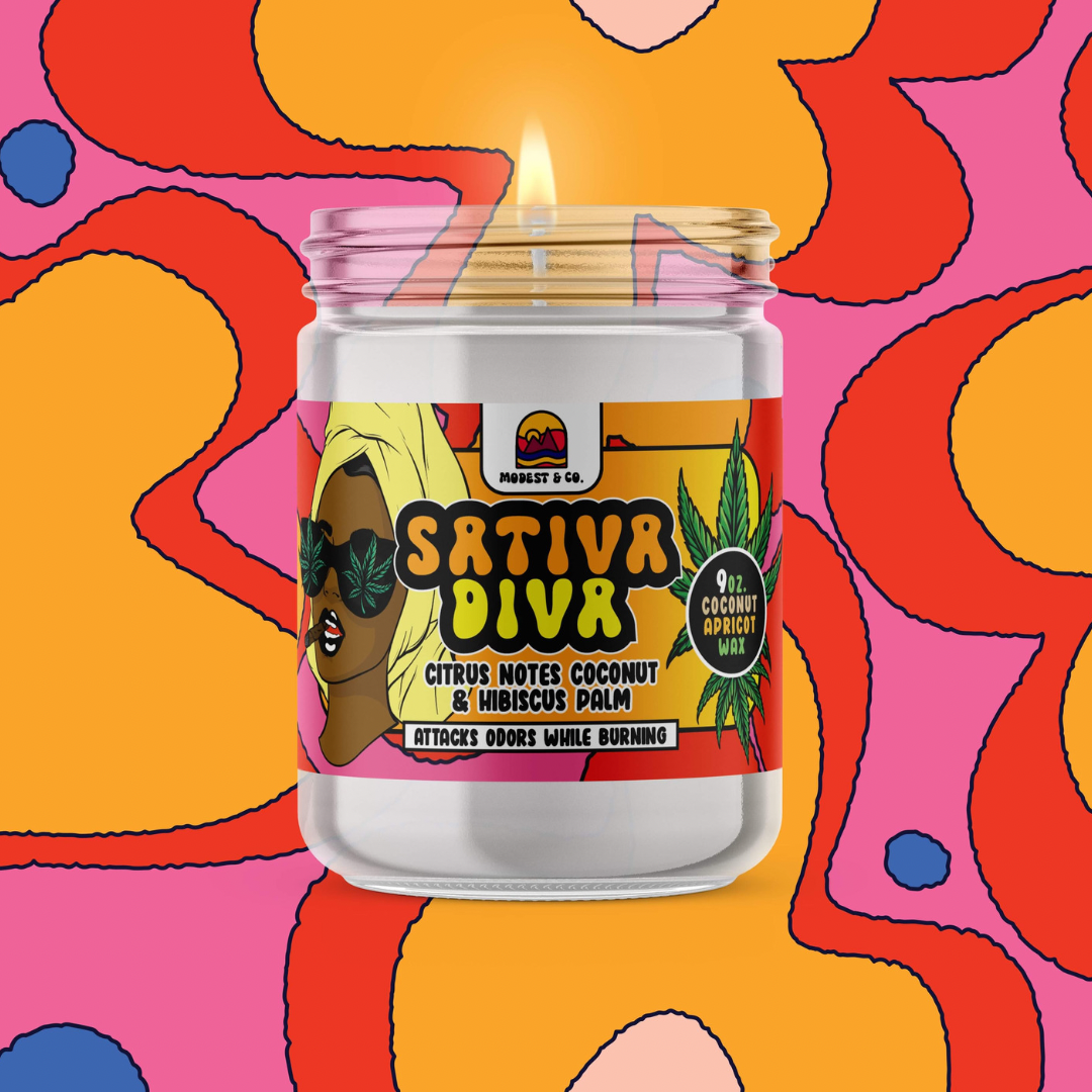 Sativa Diva from Modest&Co uses coconut apricot wax & odor fighting enzymes to eliminate odors while burning!